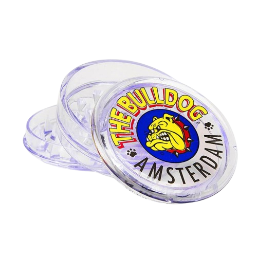 Black plastic grinder by The Bulldog with a transparent lid and easy-to-turn crank for grinding herbs or spices.