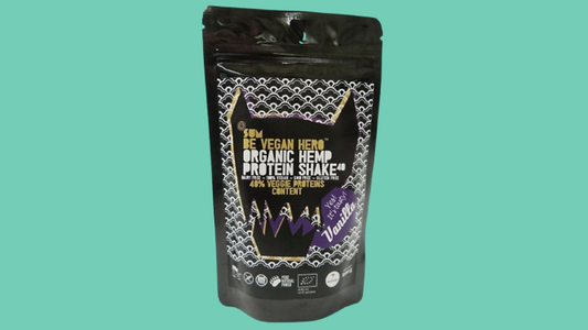 Vanilla-flavored hemp protein powder by SUM in a 200g bio package, showcasing the vanilla protein can with product label.