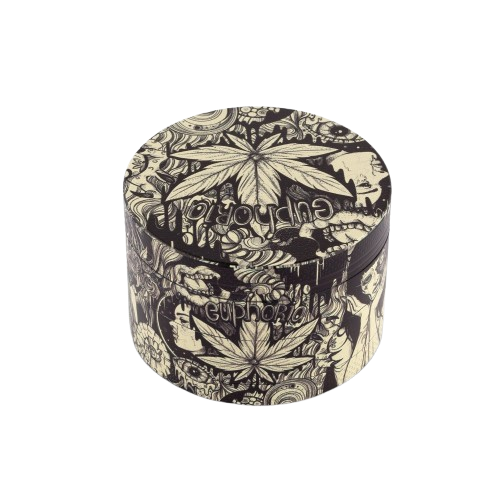 Euphoria Mystical 63mm 4-piece metal grinder with printed mystical design, four parts including grinding chamber and storage compartment.