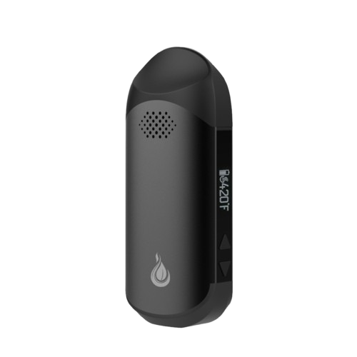 Flowermate Cap PRO vaporizer in black, compact design with mouthpiece and control buttons for dry herbs and concentrates.