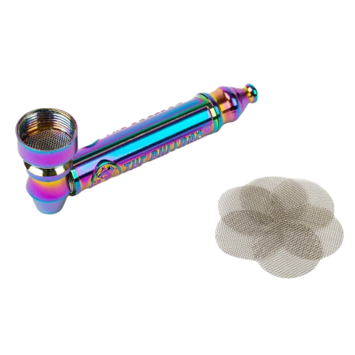 Cannashop Bulldog Metal Embossed Pipe Set Rainbow, 12 silver embossed pipes arranged in a display.