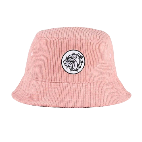 Pink bucket hat by The Bulldog with embroidered design, featuring a casual sun hat style and soft fabric material.
