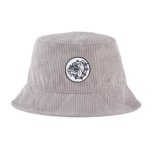 Grey bucket hat from The Bulldog with embroidered design, lightweight fabric, casual style, and wide brim for sun protection.