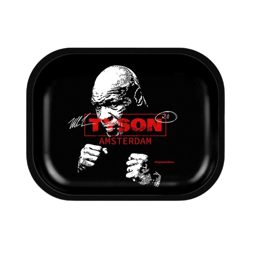 Black Tyson 2.0 metal rolling tray featuring boxing design, with smooth edges and spacious surface for rolling accessories.