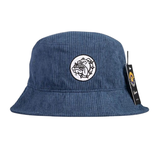 Navy bucket hat with embroidered logo from The Bulldog, featuring a wide brim and casual style.