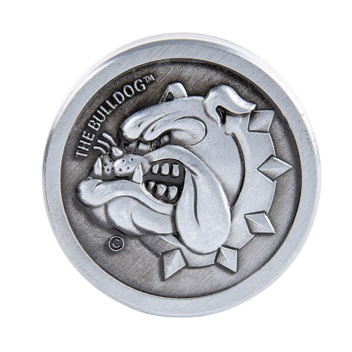 Silver Metal Grinder by The Bulldog with 3 parts, featuring sharp teeth and a sleek design for efficient grinding.