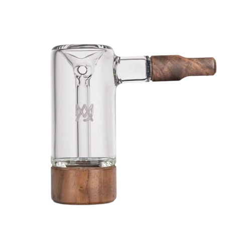 MJ Arsenal Steamboat Bubbler from the Alpine Series in clear glass with wood accents, designed for smooth smoking experiences.