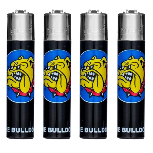 Clipper Lighter by The Bulldog featuring a colorful design and metal ignition mechanism, displayed on a plain background.