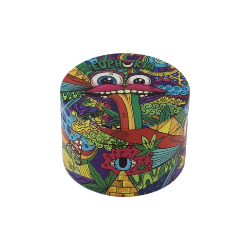 Vibrant 63mm metal grinder by Euphoria with four parts, showing colorful printed design and layered metal construction.