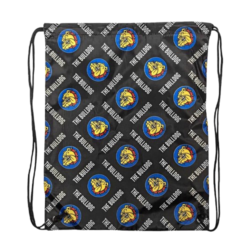 The Bulldog string backpack with all-over logo print, featuring adjustable shoulder straps and a spacious main compartment.