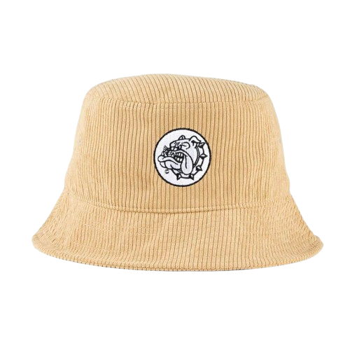 Beige bucket hat by The Bulldog with embroidered design, made from lightweight fabric, casual accessory for sun protection.