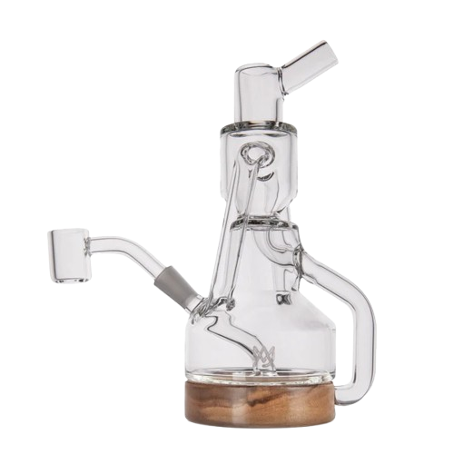 MJ Arsenal Apex Dab Rig from the Alpine Series with clear and wood accents, featuring a compact glass design for concentrates.