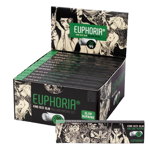 Euphoria Mystical Kingsize Slim rolling papers with filters, featuring mystical design and natural rolling paper packaging.